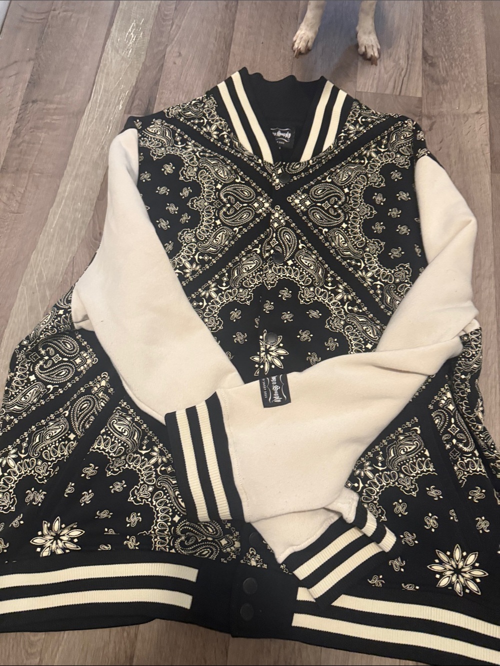 Black & Cream Bandana-Print Varsity Sweater Jacket